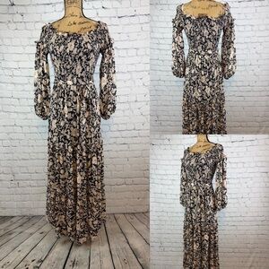 Flying Tomato Black/Brown Floral On/Off Shoulders Smock Bodice Multi Tier Maxi